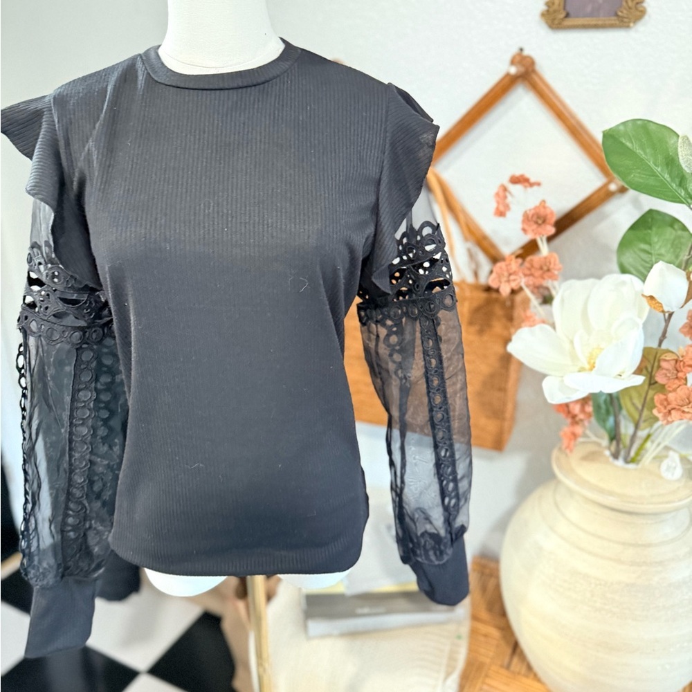 Sonja Morgan Elegant Black Lace Sleeve Blouse